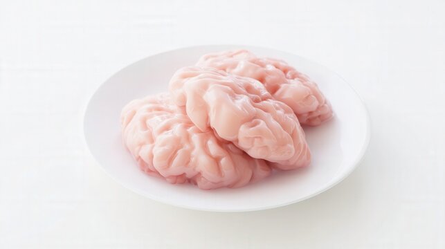 Fresh Raw Beef Brains on White Plate Isolated. Generative AI