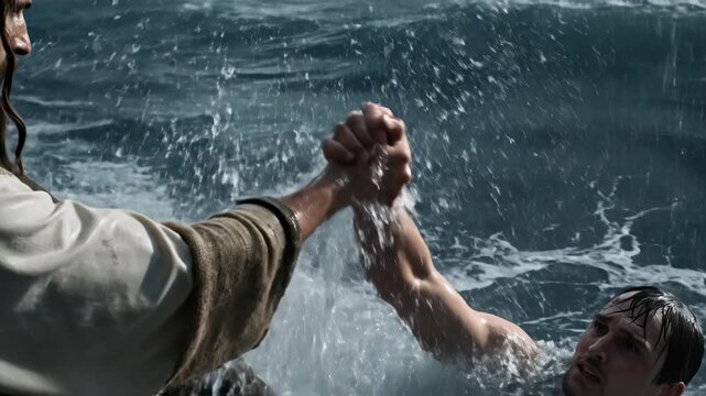 Rescuing a man at sea during a storm. Jesus Christ saves the drowning Apostle Peter. Gospel story, Biblical times.