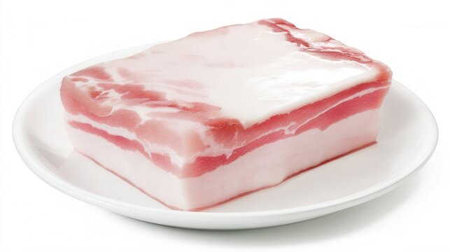 Fresh pork fatback block on white plate isolated. Generative AI