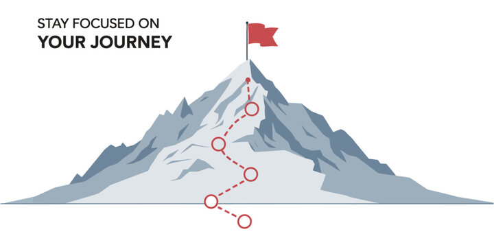 journey concept vector illustration of a mountain with path and a flag at the top, route to mountain peak, business journey and planning