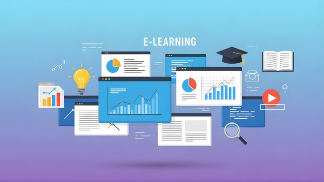 Creative artistic design concept for e-learning education. A bright and colorful business data collection on an abstract background. Perfect backdrop for back to school class