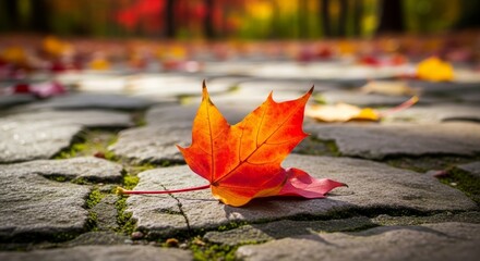 An orange maple leaf rests on a stonepaved surface dotted with moss in the foreground with blurred autumn foliage in the background