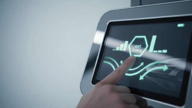 Hydrogen Fuel Future Energy Touchscreen interface for electric vehicle charging station with user-friendly controls.