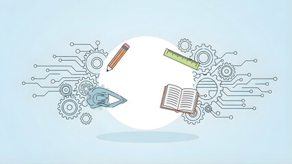 Bright, colorful, abstract design concept creative education. Artistic back to school background, vibrant class tools collection, blending technology for business