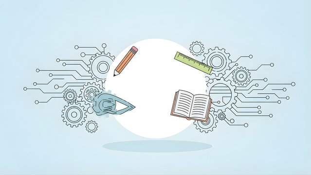 Bright, colorful, abstract design concept creative education. Artistic back to school background, vibrant class tools collection, blending technology for business