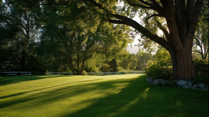 Obraz premium Open grassland with thick tree sunlight natural scenery for nature theme design wallpaper decoration