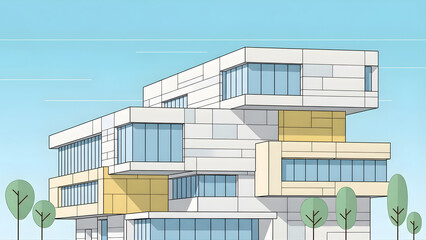 Bright, colorful, and abstract architectural design, a creative and artistic concept for education. This modern building serves as a contrasting backdrop for students going back to school