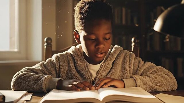 A young boy engrossed in reading a large book in a dimly lit room with bookshelves in the background