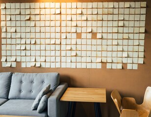 Brainstorming wall with yellow notes