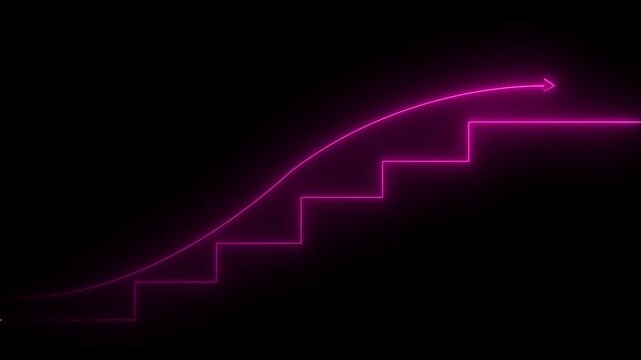 Pink Neon Staircase to Success with Arrow and Text vision . Glowing neon stairs up icon animation. complex graphical data.4k motion.