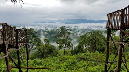 Spectacular panoramic vista of misty cloud-covered mountains and lush green rainforest canopy from wooden viewpoints