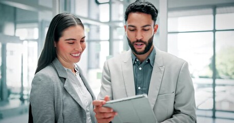 Talking, office and business people on tablet in lobby for online proposal, research and consulting. Corporate, professional and man with woman on digital tech for discussion, project and feedback - Powered by Adobe