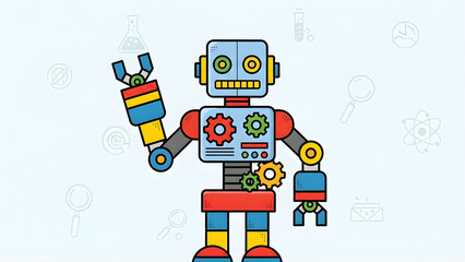 Bright, colorful, creative robot design concept for artistic education. Abstract background ideal for back to school, class, and business collection