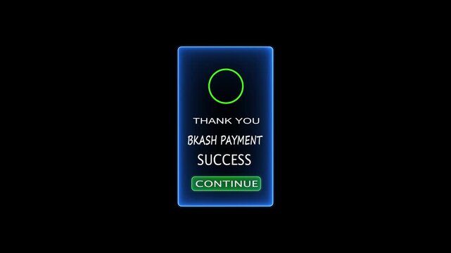 Neon Blue Bkash Payment Success Notification alert. 4K video black background.4k animation