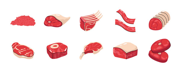 Fresh Meat Cuts Vector Illustration Set, Raw Beef and Lamb Cuts Illustration Collection © Budogol