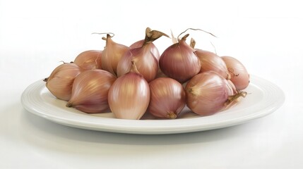Fresh shallots on white plate isolated on white background. Generative AI