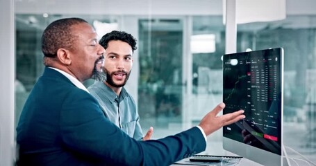 Business people, trading and computer with tablet for stock market or cryptocurrency in office. Businessmen, broker or analyst with monitor for digital investment, statistics or finance exchange - Powered by Adobe