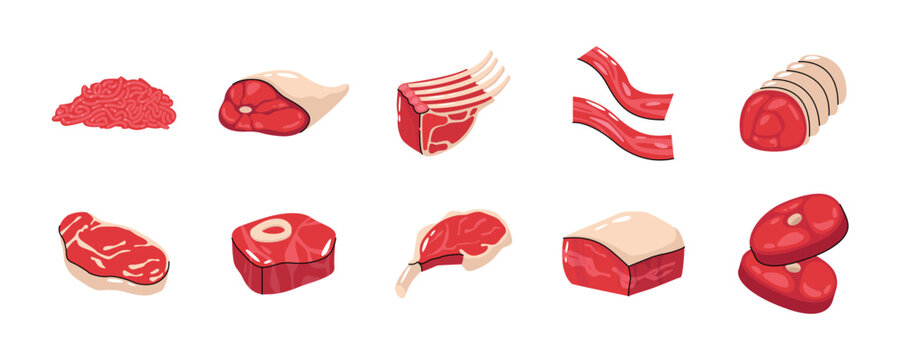 Fresh Meat Cuts Vector Illustration Set, Raw Beef and Lamb Cuts Illustration Collection