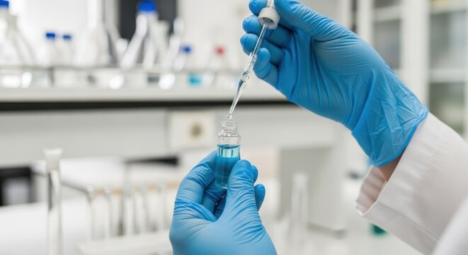 A scientist in a lab coat and gloves is holding a vial of blue liquid in a laboratory setting. - Powered by Adobe