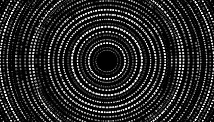 Hypnotic black white circular dot pattern artistic design with concentric circles and scattered geometric elements.