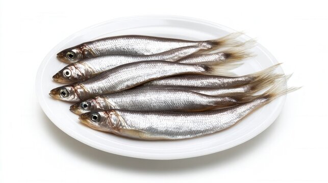 Fresh capelin fish on white plate isolated on white background. Generative AI