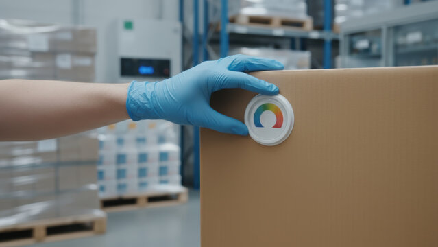 Cold chain logistics warehouse logistic temperature control sensor on cardboard box in sterile warehouse with gloved hand touching it