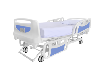 Blue and white Modern Hospital bed, View from the end of the bed isolated