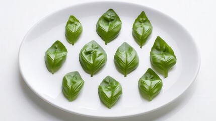 Obraz premium Fresh basil leaves arranged on white plate isolated. Generative AI