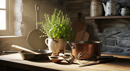Rustic kitchen setup with fresh herbs and traditional cookware