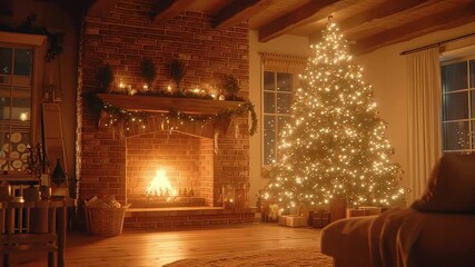 Christmas tree fireplace lights holiday season cozy home decor winter celebration festive mood warm room - Powered by Adobe