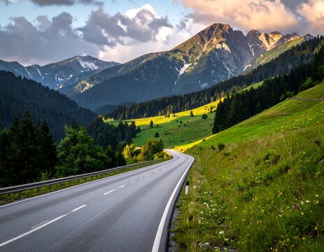 Winding asphalt road ascends into lush green valleys and mountains