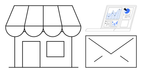 Storefront, email envelope, and graphing laptop emphasize marketing, customer communication, and growth strategies. Ideal for business promotions, analytics, ecommerce, trends online engagement