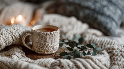 Cozy knitted mug with a warm beverage and eucalyptus on a soft blanket.