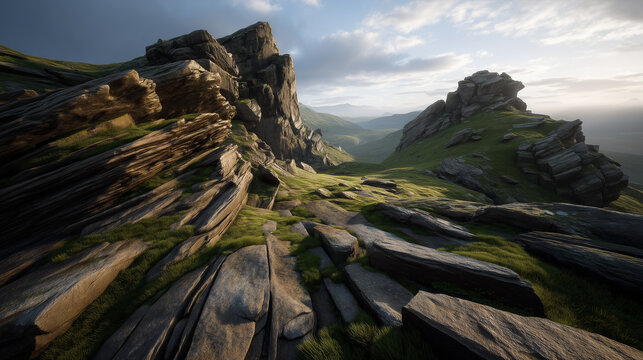 AI-generated image - A landscape of rugged rocky hills with layered stone formations, soft sunlight, and patches of green vegetation creating a natural, serene mountain scene.