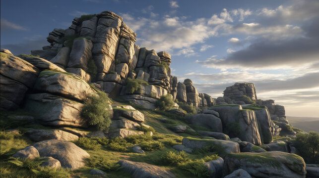 AI-generated image - A landscape of rugged rocky hills with layered stone formations, soft sunlight, and patches of green vegetation creating a natural, serene mountain scene. - Powered by Adobe