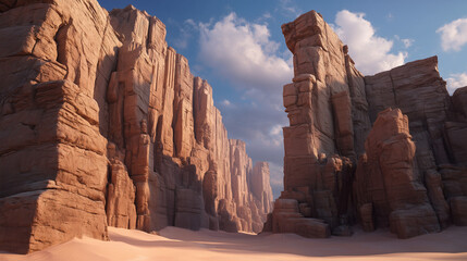 Formasi tebing batu raksasa berwarna kemerahan menjulang di atas lembah pasir yang tenang, diterangi cahaya lembut matahari gurun yang menciptakan kontras dramatis pada teksturnya.