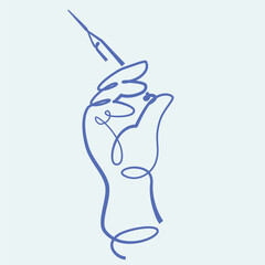 Medical Gloves Holding Injection one line drawing. Medical Gloves Holding Injection single line illustration. Medical Gloves Holding Injection minimalist line art