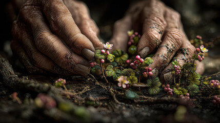 Photorealistic macro shot of wrinkled old hands uncovering fresh seedlings and wild forest berries in damp soil, high-resolution detail on hand wrinkles, soil texture, and tiny flowers, sharp focus,