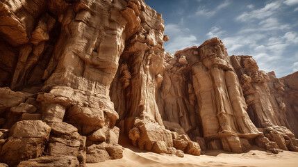 Fototapeta premium Formasi tebing batu raksasa berwarna kemerahan menjulang di atas lembah pasir yang tenang, diterangi cahaya lembut matahari gurun yang menciptakan kontras dramatis pada teksturnya.