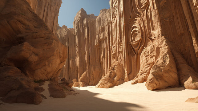 Formasi tebing batu raksasa berwarna kemerahan menjulang di atas lembah pasir yang tenang, diterangi cahaya lembut matahari gurun yang menciptakan kontras dramatis pada teksturnya.