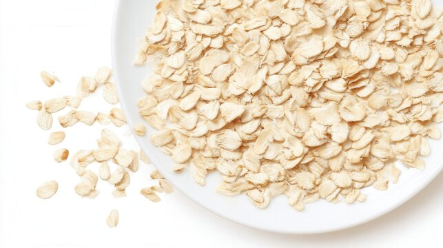 Raw oat flakes on white plate isolated. Generative AI