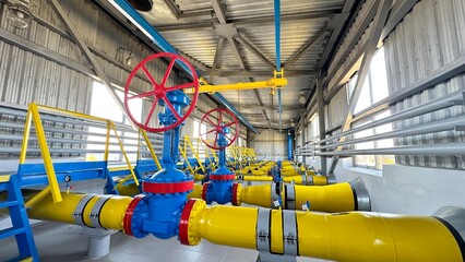 The photo shows yellow and blue gas pipes with a large red valve that shuts off the gas flow. The pipes supply gas to homes and stores.
