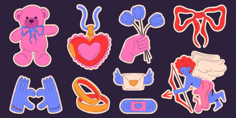 Fototapeta premium Groovy love and romance stickers pack. Contemporary vector illustration of cute teddy bear, heart locket, flowers, romantic letter, golden rings, funny angel with bow and arrow, Valentine Day symbols