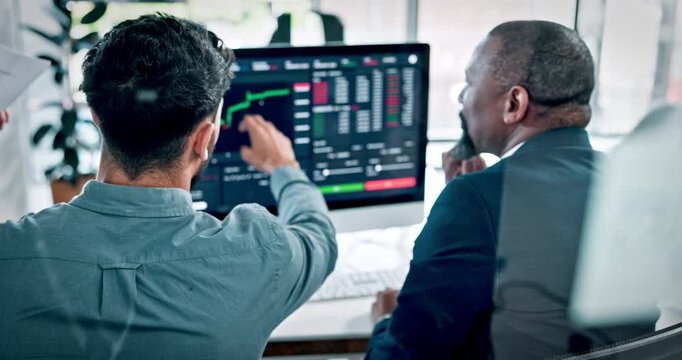 Office, people and trading with computer screen, talk and performance review on web or stock market. Graphs, data analysis and planning for financial growth, back and discussion for risk assessment - Powered by Adobe