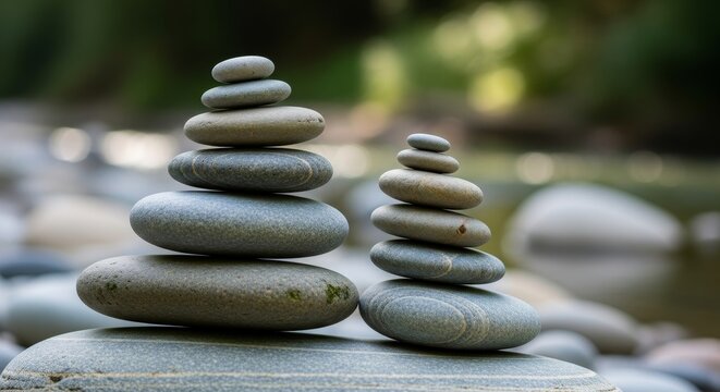 Two stone piles stand on river rocks set against a blurred background of water and greenery - Powered by Adobe