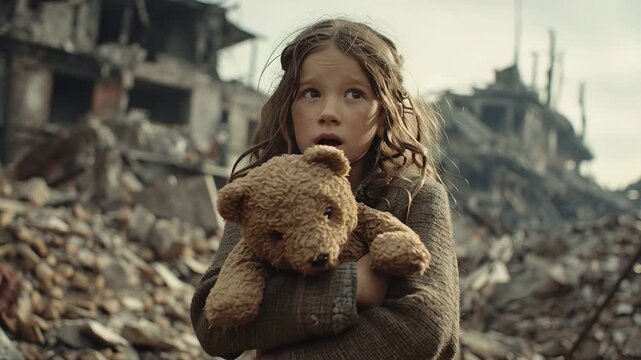 Girl teddy bear war zone child refugee post apocalypse destruction survival hope resilience sad