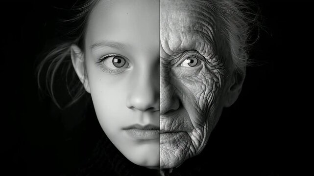 Aging process face comparison young old black and white portrait transformation human life cycle time