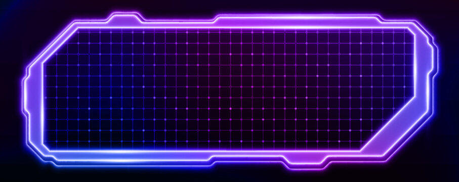 Tech grid HUD frame with cyber interface elements - purple and blue gradient neon border on dark background. Futuristic holographic UI panel with glowing sci fi screen design for gaming display.