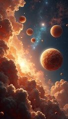 Planets and celestial bodies floating amidst vibrant orange clouds in a cosmic sky