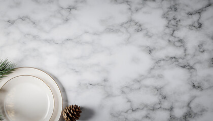 Elevated dining mockup for holiday celebrations with modern white plates and pine accents on elegant marble table perfect for festive invitations